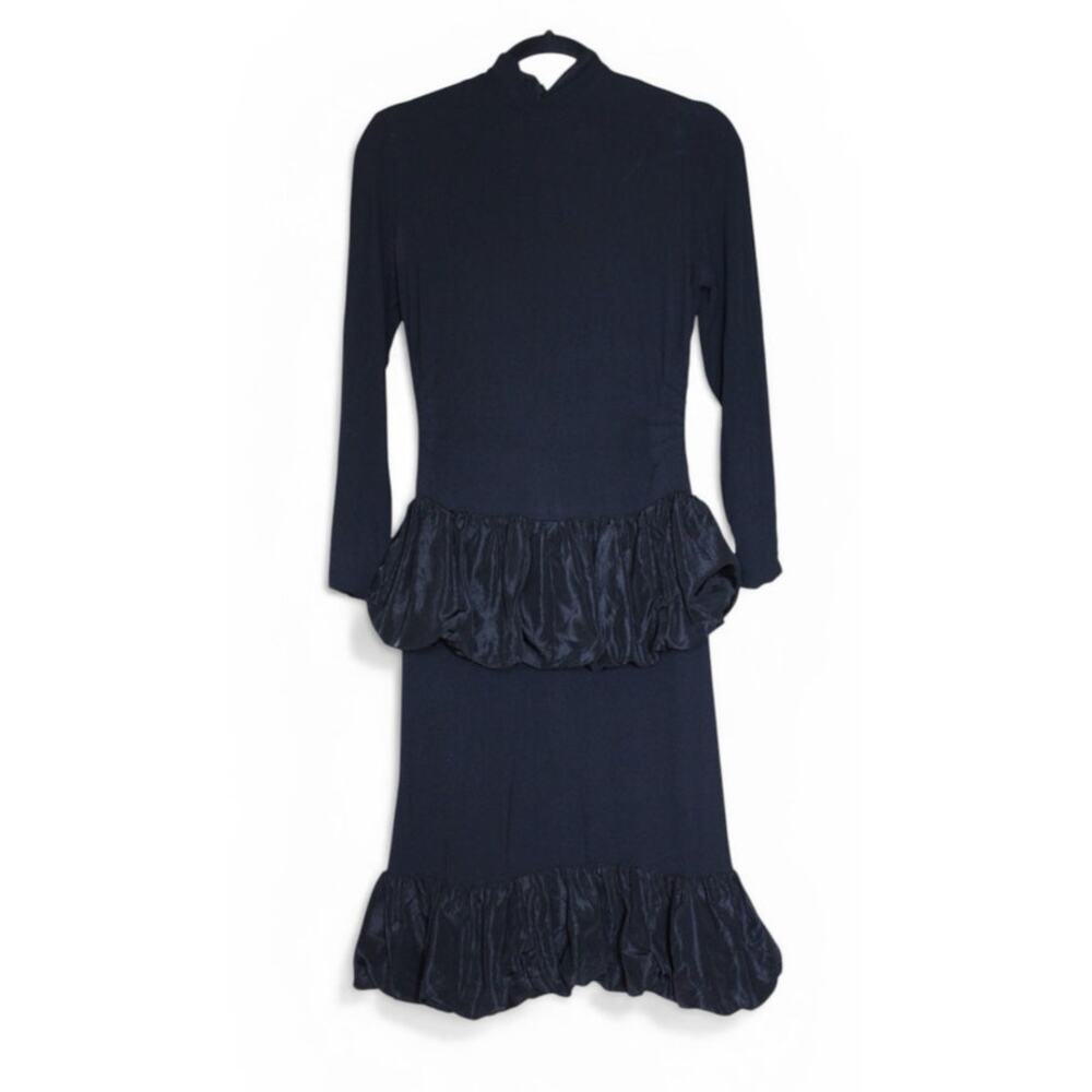 VTG 1950s Fanya San Francisco Black Long Sleeve Ruffles Sheath Dress Women's XS